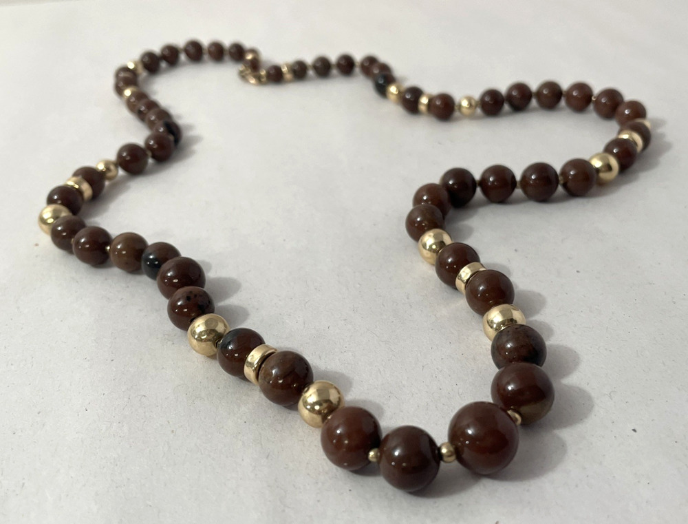 Vintage Gold Filled Brown Jasper Bead Necklace 24" Long